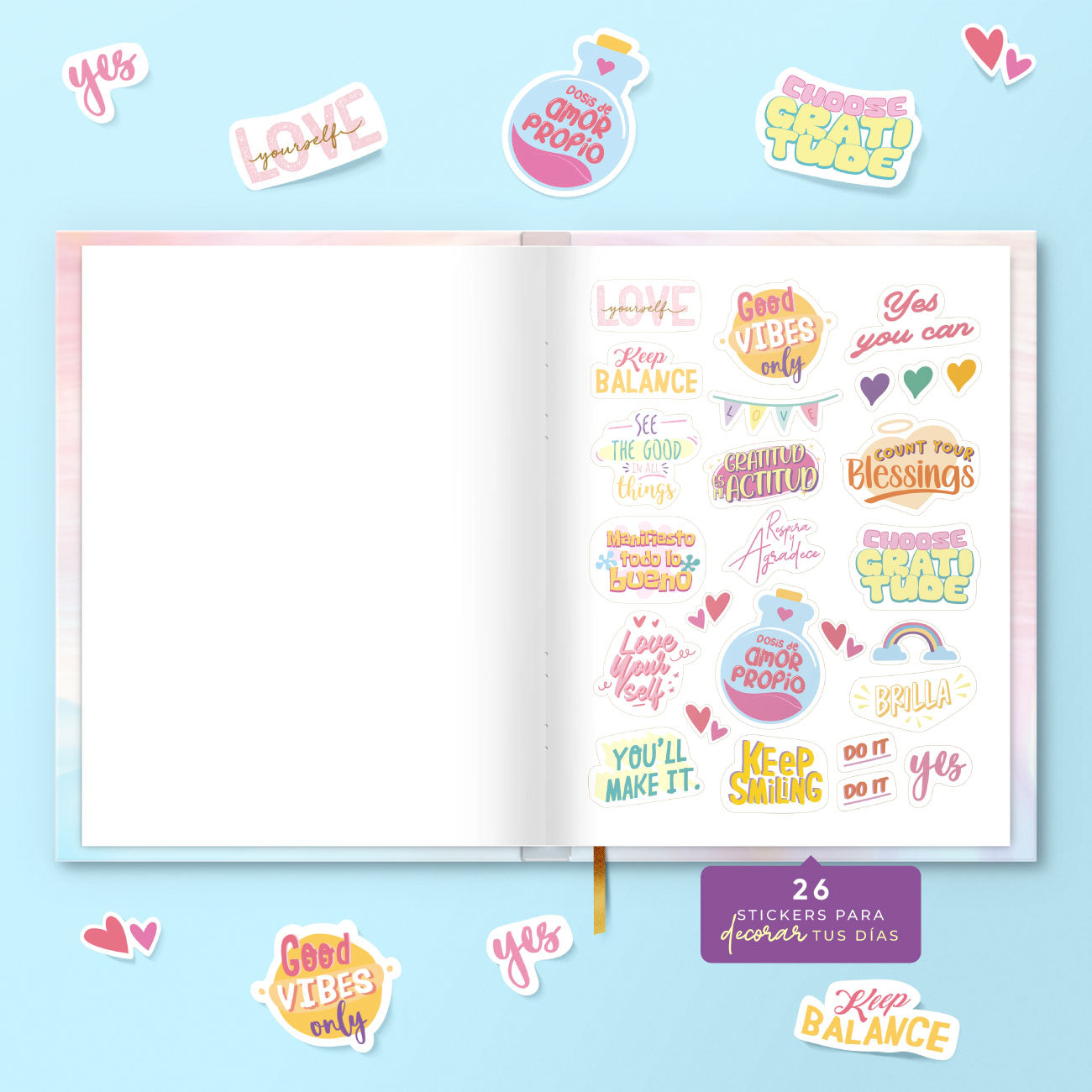 Set de hemosos stickers que incluye el Diario de gratitud PLAIVI